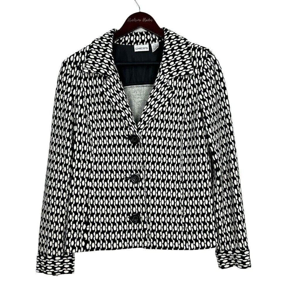 Chicos Womens Size 1 Black White Abstract Button Up Collar Jacket Pockets T1